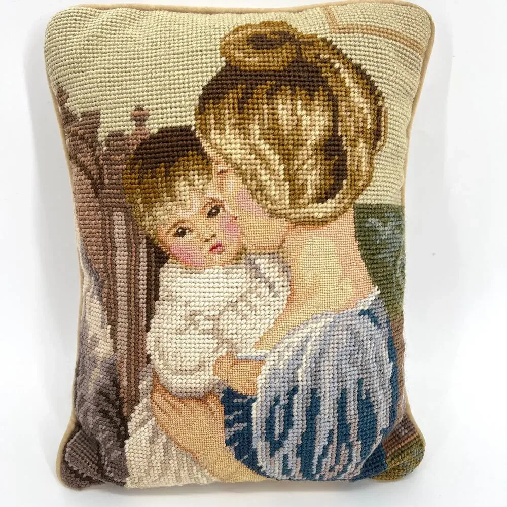 Wool Needlepoint Mother Child Pillow Lillian Vernon VelvetHandmadeBeautiful VTG
